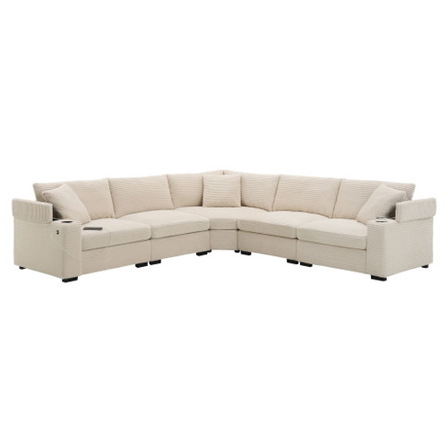 Convertible L Shaped Sectional Corner Couch With Armrest Storage Cup Holders USB Charger, Irregular Corner Oversized Comfy Modular Sofa - Beige