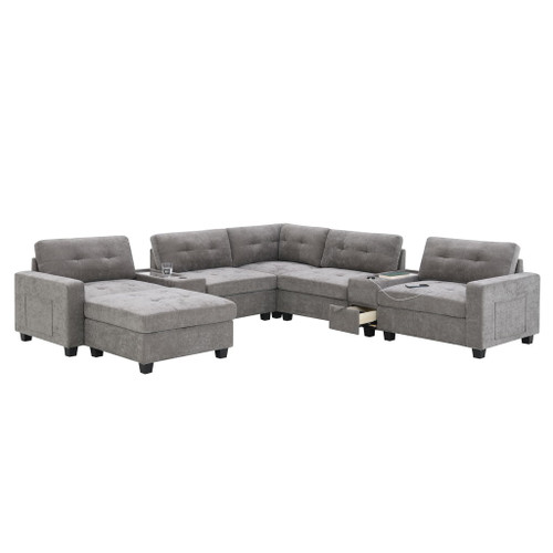 Sectional With Acrylic Table Top U Shaped Couch Set With 2 Consoles USB Charger, Storage Drawers And Pockets Movable Ottoman Tufted Sofa - Gray