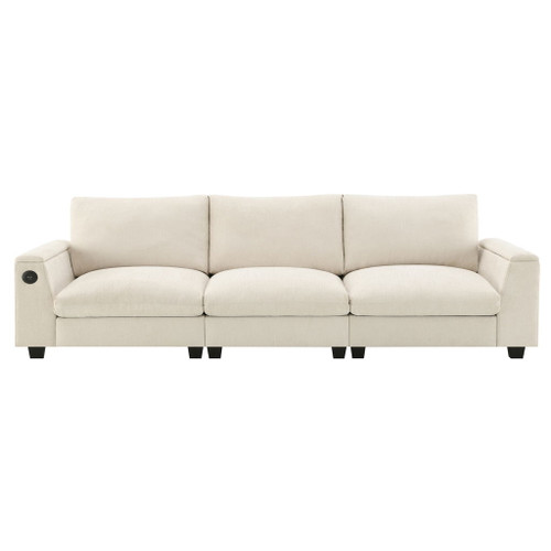 Sectional With Bluetooth Speaker Comfy Cloud Couch Set With Drop Down Table Cup Holders, USB Charger Storage Armrest Wide Seat Sofa - Beige