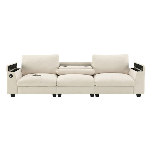 Sectional With Bluetooth Speaker Comfy Cloud Couch Set With Drop Down Table Cup Holders, USB Charger Storage Armrest Wide Seat Sofa - Beige