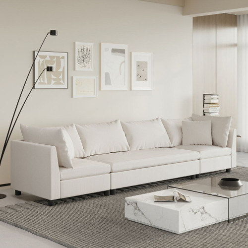 Modern Modular Sectional Oversized 4 Seat Couch Set With 4 Pillows, Minimalist Style Wide Seat Comfy Sofa - Cream