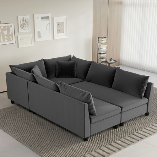 Modular Sectional Bed Couch Set With Pillows Free Combination, Minimalist Style Oversized 6 Seat Convertible Sofa - Gray