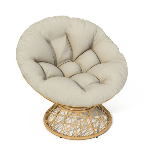 Ergonomic Wicker Chair With Cloud Thick Density Cushion, 3 Proof Cover High Capacity Iron Frame Fluid 360° Swivel - Beige / Natural