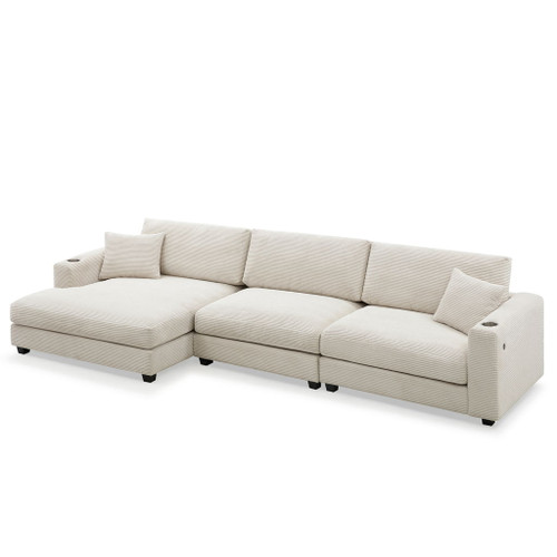 Oversized Sectional L Shaped Cloud Couch With USB Charging Port Cup Holder Deep And Wide Seat Sofa With Chaise Comfy - Beige