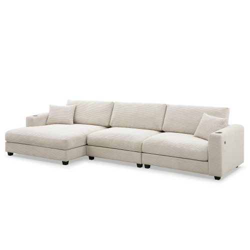 Oversized Sectional L Shaped Cloud Couch With USB Charging Port Cup Holder Deep And Wide Seat Sofa With Chaise Comfy - Beige