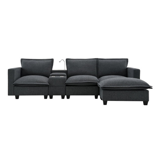 Modern Sectional Cloud Sofa With Console USB Charger Reading Light Cup Holder, Wide Seat 4 Seat Modular Couch Storable Indoor Funiture - Dark Gray