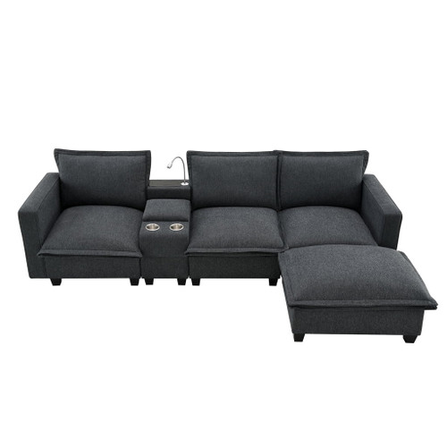 Modern Sectional Cloud Sofa With Console USB Charger Reading Light Cup Holder, Wide Seat 4 Seat Modular Couch Storable Indoor Funiture - Dark Gray