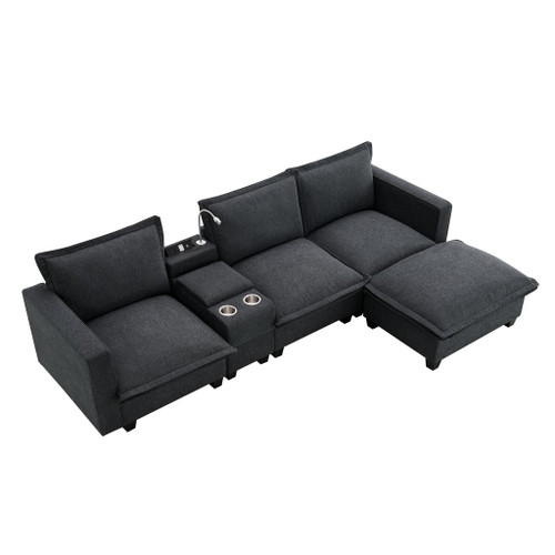 Modern Sectional Cloud Sofa With Console USB Charger Reading Light Cup Holder, Wide Seat 4 Seat Modular Couch Storable Indoor Funiture - Dark Gray