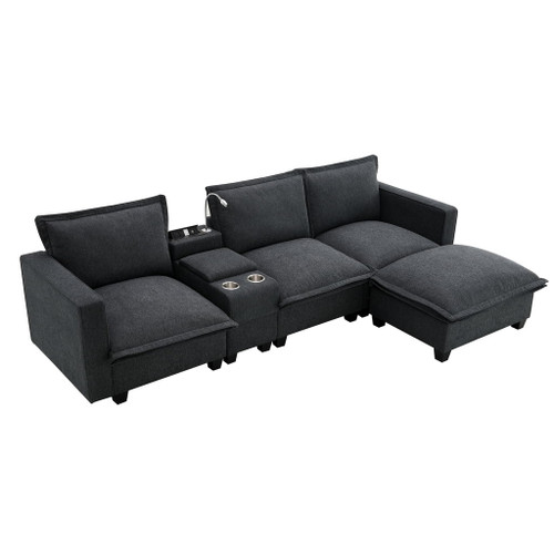 Modern Sectional Cloud Sofa With Console USB Charger Reading Light Cup Holder, Wide Seat 4 Seat Modular Couch Storable Indoor Funiture - Dark Gray