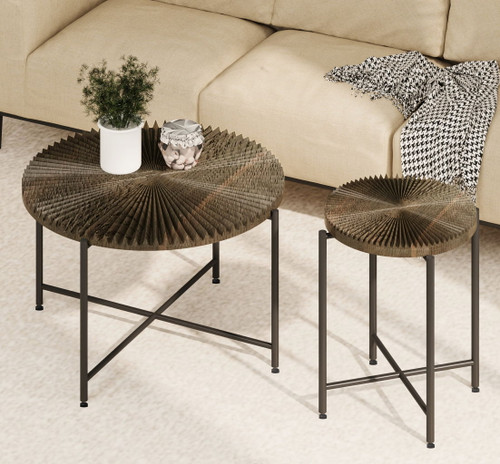 Radial - Pattern Coffee And End Table Set Waterproof Cover, Distressed Cylindrical Design, Legs Classic Rustic Charm (Set of 2) - Walnut Brown