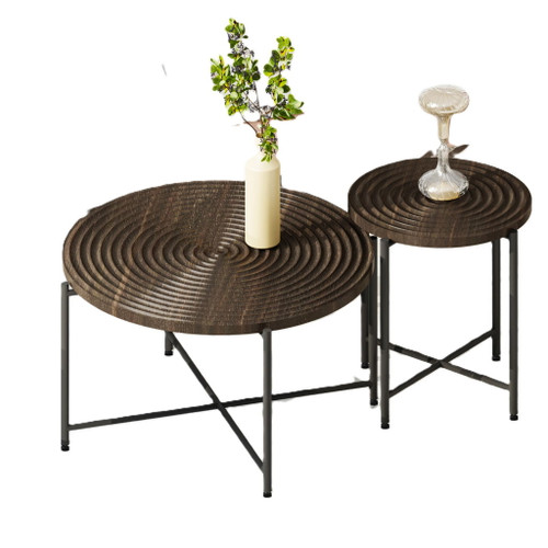 Coffee And End Table Set Waterproof Cover, Distressed Cylindrical Design, Legs Classic Rustic Charm (Set of 2) - Walnut Brown