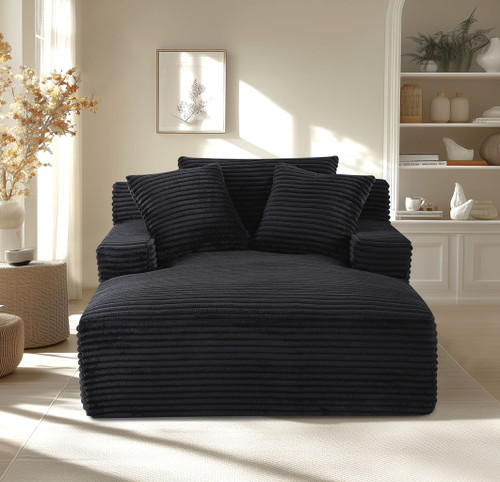Cloudline - Oversized Chaise Lounge Chair In Soft Corduroy, Modern Comfy Couch With Full Foam Cushioning, Cozy Sleeper Sofabed For Living Room - Black