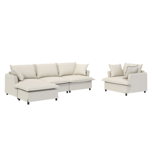 3 Piece Living Room Set Modular L Shaped Sectional Couch Upholstered, 3 Seater Sofa & Armchair & Movable Ottoman 5 Seat - Beige