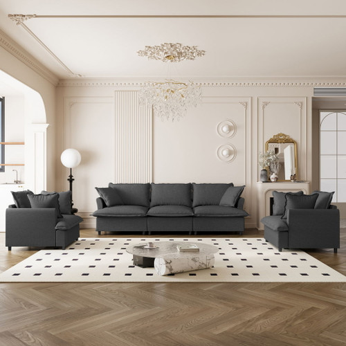 3 Piece Living Room Set Modular Sectional Couch Upholstered 3 Seater Sofa & 2 Armchairs 5 Seat - Gray
