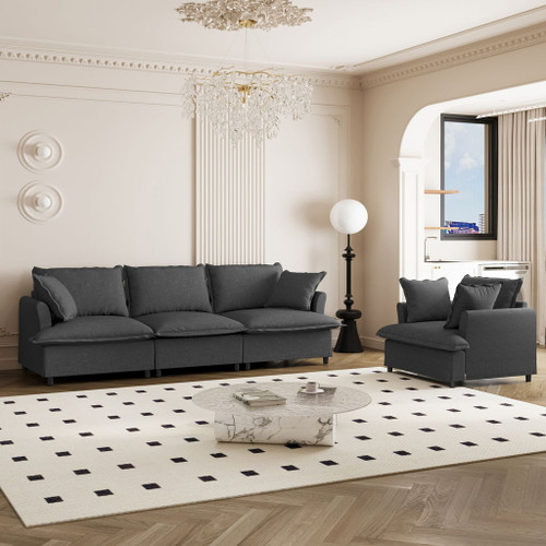 2 Piece Living Room Set With Throw Pillows Sectional Couch Sets, Upholstered 3 Seater Sofa & Armchair 4 Seat - Gray