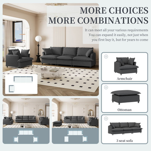 2 Piece Living Room Set With Throw Pillows Sectional Couch Sets, Upholstered 3 Seater Sofa & Armchair 4 Seat - Gray