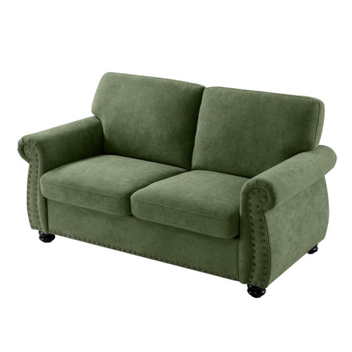 Soft Loveseat, Upholstered 2 Seater Couch, Loose Back Cushions And Turned Legs - Green