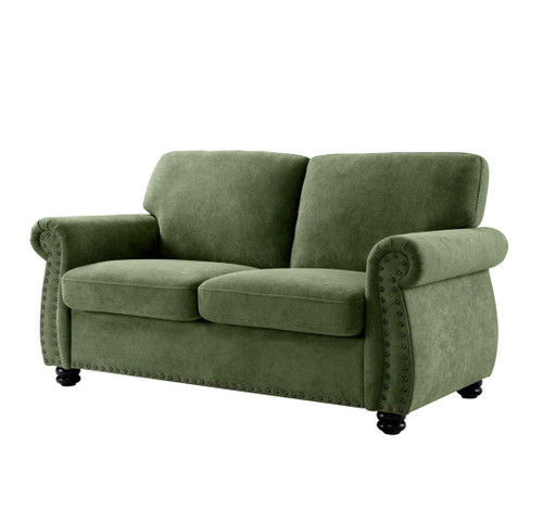 Soft Loveseat, Upholstered 2 Seater Couch, Loose Back Cushions And Turned Legs - Green