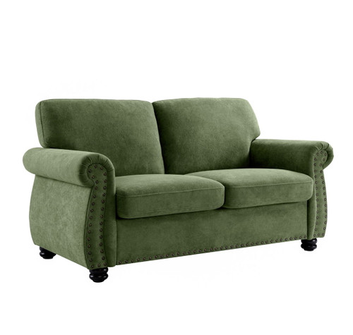 Soft Loveseat, Upholstered 2 Seater Couch, Loose Back Cushions And Turned Legs - Green