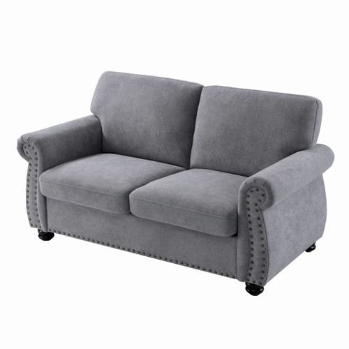 Soft Loveseat, Upholstered 2 Seater Couch, Loose Back Cushions And Turned Legs - Gray