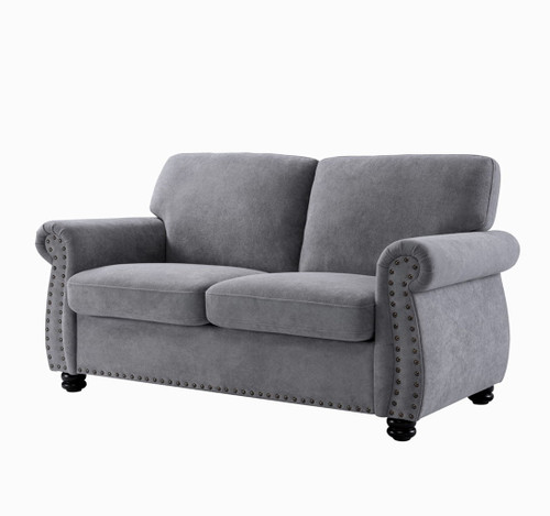 Soft Loveseat, Upholstered 2 Seater Couch, Loose Back Cushions And Turned Legs - Gray