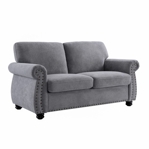 Soft Loveseat, Upholstered 2 Seater Couch, Loose Back Cushions And Turned Legs - Gray