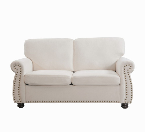 Soft Loveseat, Upholstered 2 Seater Couch, Loose Back Cushions And Turned Legs - Ivory
