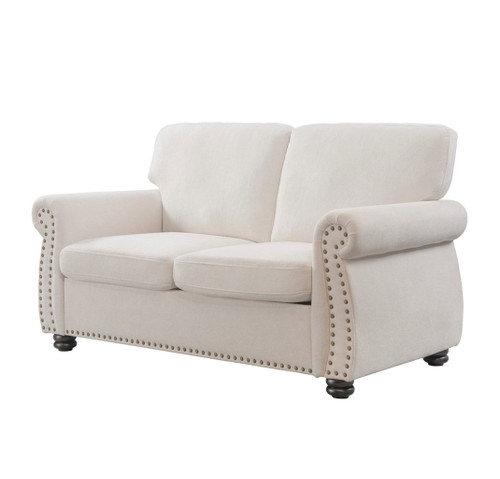 Soft Loveseat, Upholstered 2 Seater Couch, Loose Back Cushions And Turned Legs - Ivory