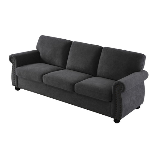 Soft Sofa, Upholstered 3 Seater Couch With High Density Foam, Loose Back Cushions And Turned Legs - Black