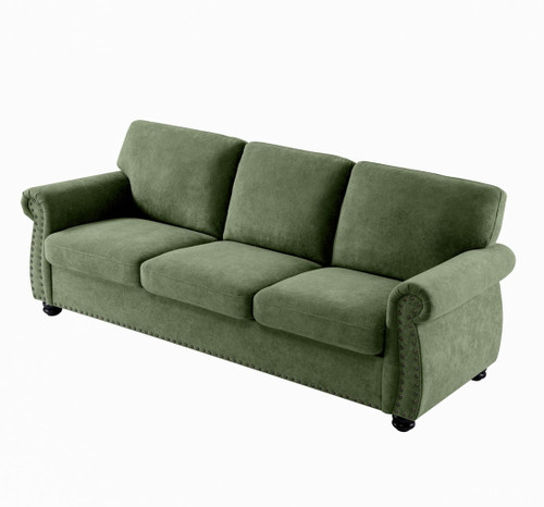 Soft Sofa, Upholstered 3 Seater Couch, Loose Back Cushions And Turned Legs - Green