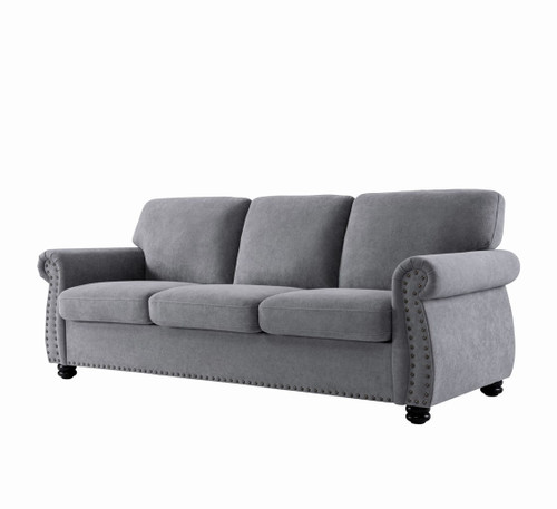 Soft Sofa, Upholstered 3 Seater Couch, Loose Back Cushions And Turned Legs - Gray