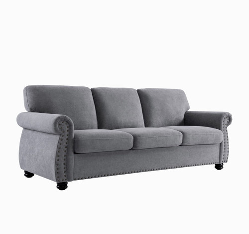 Soft Sofa, Upholstered 3 Seater Couch, Loose Back Cushions And Turned Legs - Gray