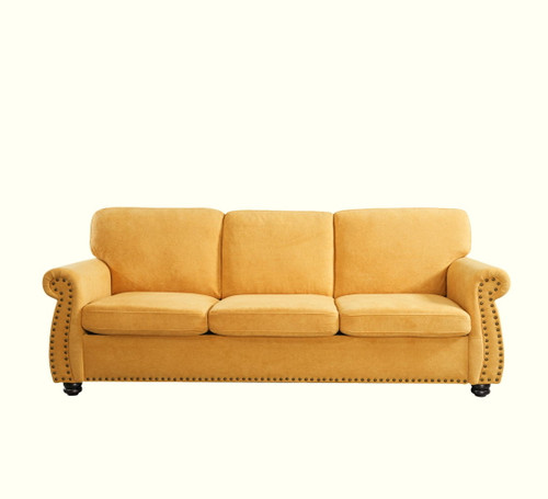 Soft Sofa, Upholstered 3 Seater Couch With High Density Foam, Loose Back Cushions And Turned Legs - Mustard Yellow