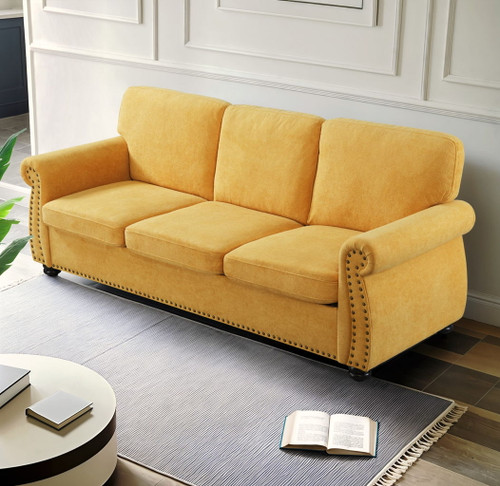 Soft Sofa, Upholstered 3 Seater Couch With High Density Foam, Loose Back Cushions And Turned Legs - Mustard Yellow