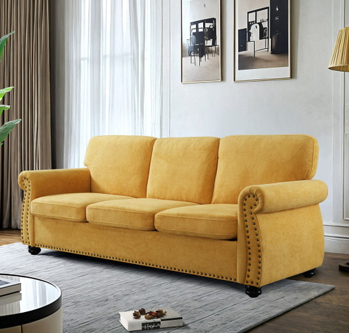 Soft Sofa, Upholstered 3 Seater Couch With High Density Foam, Loose Back Cushions And Turned Legs - Mustard Yellow