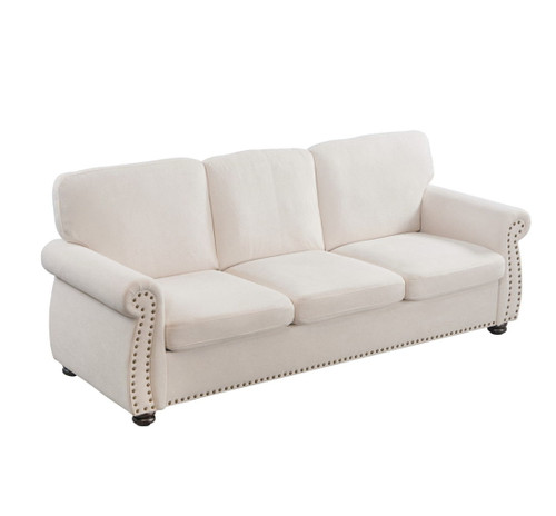 Soft Sofa, Upholstered 3 Seater Couch, Loose Back Cushions And Turned Legs - Ivory