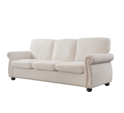 Soft Sofa, Upholstered 3 Seater Couch, Loose Back Cushions And Turned Legs - Ivory