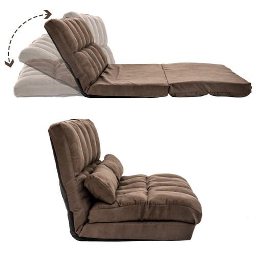 Double Chaise Lounge Sofa Floor Couch And Sofa With Two Pillows - Brown