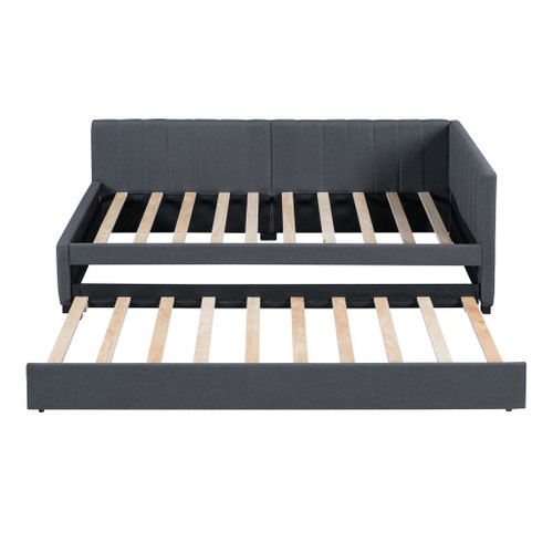 Upholstered Daybed With Trundle Twin Size Sofa Bed Frame No Box Spring Needed, Linen - Gray
