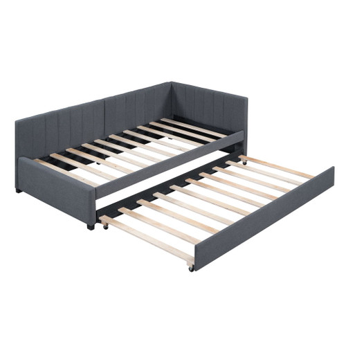 Upholstered Daybed With Trundle Twin Size Sofa Bed Frame No Box Spring Needed, Linen - Gray