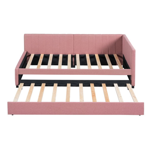 Upholstered Daybed With Trundle Twin Size Sofa Bed Frame No Box Spring Needed, Linen - Pink