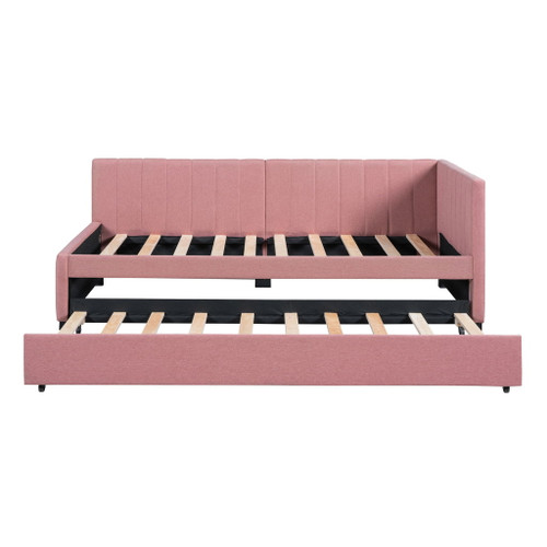 Upholstered Daybed With Trundle Twin Size Sofa Bed Frame No Box Spring Needed, Linen - Pink