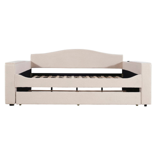 Full Size Upholstered Daybed With Storage Armrests, Trundle And Latest Integrated Bluetooth Audio System, Teddy Fleece - Beige