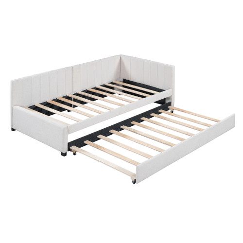 Twin Size Sofa Bed Upholstered Daybed With Trundle Frame No Box Spring Needed, Linen - Beige
