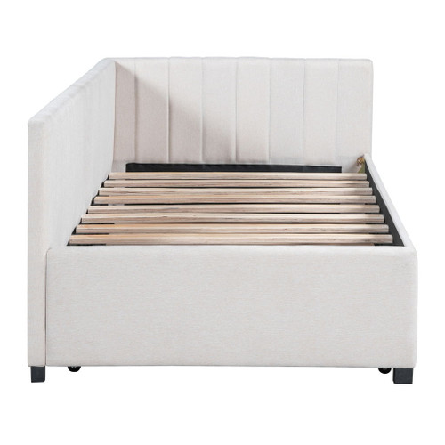 Twin Size Sofa Bed Upholstered Daybed With Trundle Frame No Box Spring Needed, Linen - Beige