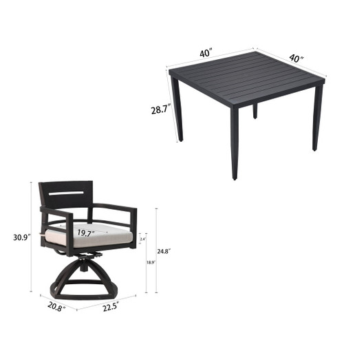 5 Piece Outdoor Patio Furniture, Modern Dining Set, 4 Swivel Chairs Rockers Sunbrella Fabric And Square Dining Table With Umbrella Hole - Ember Black