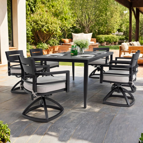 7 Piece Outdoor Patio Furniture, Modern Dining Set, 6 Swivel Chairs Rockers Sunbrella Fabric And Rectangle Dining Table With Umbrella Hole - Ember Black