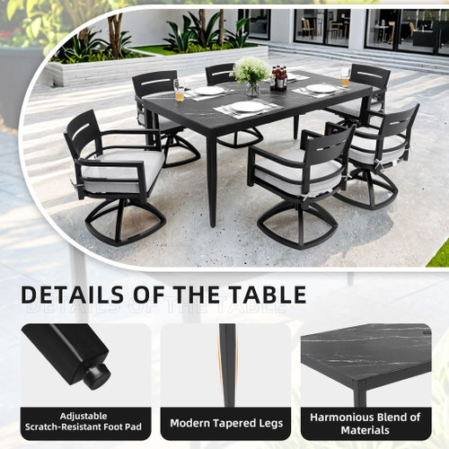 Outdoor Modern Patio Dining Table, Post Tapered Legs Seats 6, Weatherproof & Rust Free - Ember Black