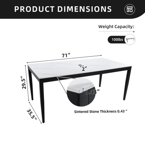 Outdoor Modern Patio Dining Table, Post Tapered Legs Seats 6, Weatherproof & Rust Free - Ember Black / White