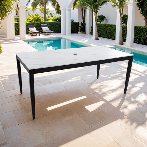 Outdoor Modern Patio Dining Table, Post Tapered Legs Seats 6, Weatherproof & Rust Free - Ember Black / White